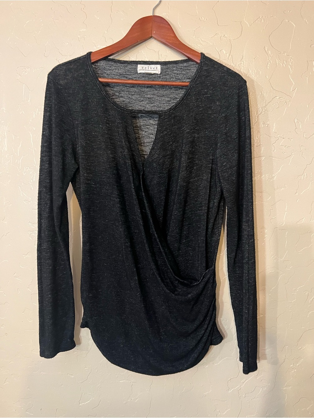 Velvet Black Long Sleeve Draped Wrap Top